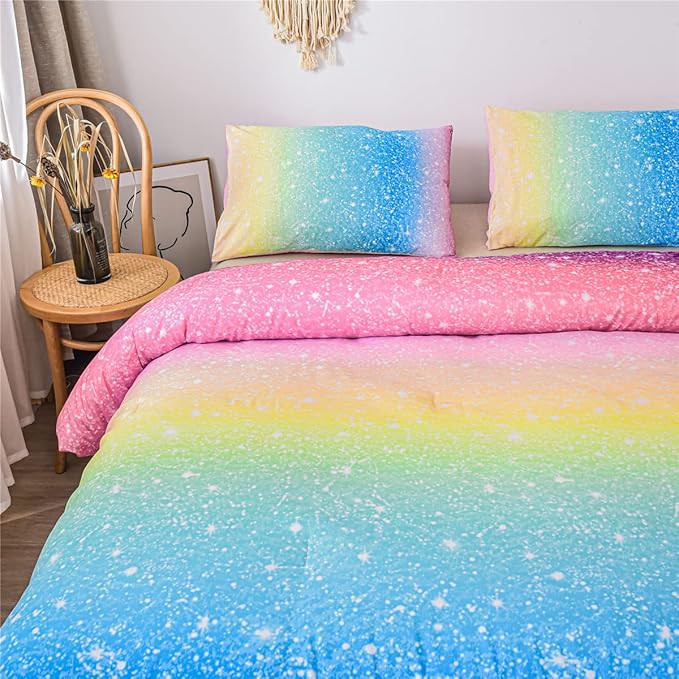 Holawakaka Kids Space Star Glitter Comforter Set Ombre Multi-color Print Gradient Bedding Set Full Size (Multi-color, Full) - LeafyLoom