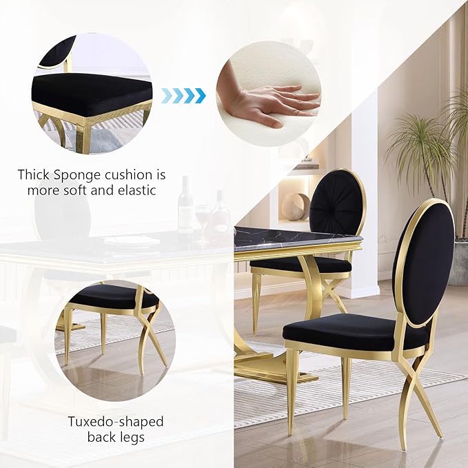 ACEDÉCOR Black and Gold Dining Chairs, Velvet Upholstered Dining Room Chair with Oval Back & Gold Unique Legs, Mid-Century Modern Armless Chair Set of 10 - LeafyLoom