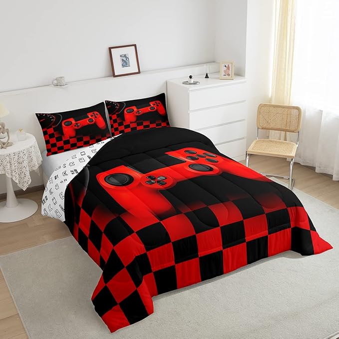 Gamer Comforter Set for Boys Teen Gaming Bedding Set Video Game Controller Home Decor for Men Child Buffalo Plaid Check Down Comforter Full Size 3 Pcs Duvet Set with 2 Pillow Shams,Black Red Geometric - LeafyLoom