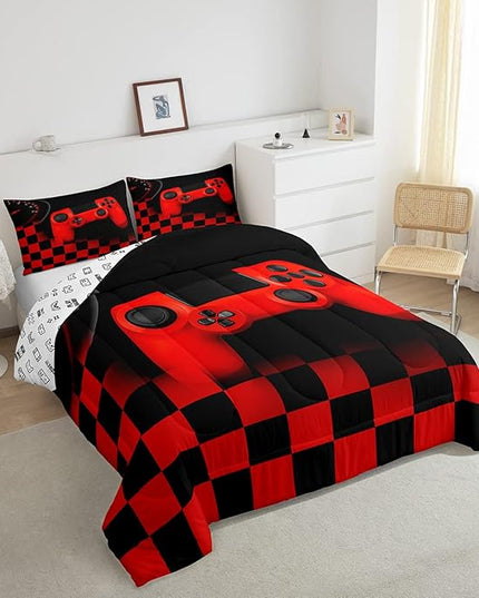 Erosebridal Gamer Bedding Sets for Boys，Gaming Comforter Sets King for Kids Teen Boys Gamer Room Decor,Video Game Gamepad Duvet Insert,Plaid Check Grid Artwork Down Comforter 3pcs,Black Red - LeafyLoom