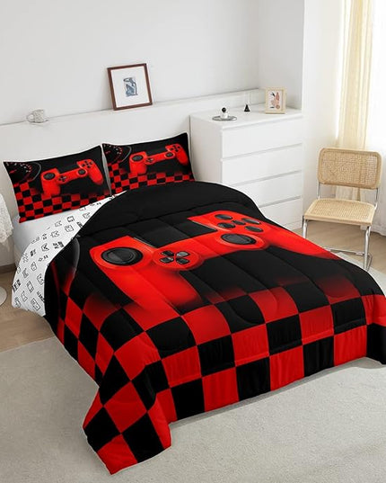 Gaming Comforter for Boys Teen,Game Controller Bedding Set for Kids,Down Alternative Comforter for All Season,Gamer Home Decor for Young Man Comforter Set with Buffalo Check Plaid Duvet Quilted,Queen - LeafyLoom