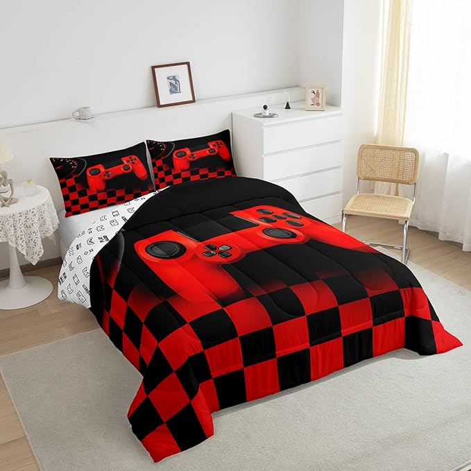 Gaming Comforter for Boys Teen,Game Controller Bedding Set for Kids,Down Alternative Comforter for All Season,Gamer Home Decor for Young Man Comforter Set with Buffalo Check Plaid Duvet Quilted,Queen - LeafyLoom