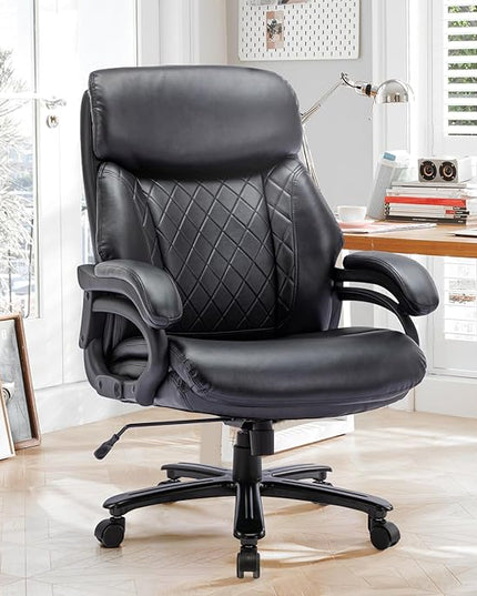 Big and Tall Office Chair 400lbs-Heavy Duty Executive Desk Chair with Extra Wide Seat, High Back Ergonomic Leather Computer Chair with Tilt Rock&Tension, Padded Armrests-Diamond Black - LeafyLoom