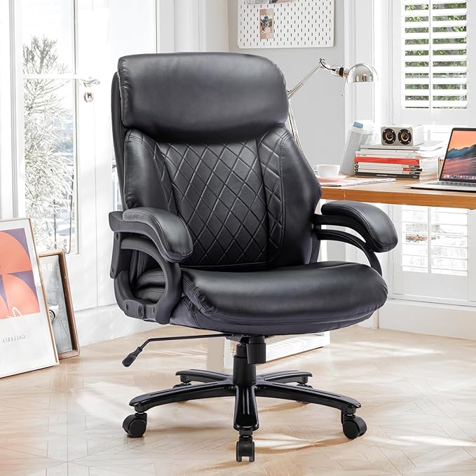 Big and Tall Office Chair 400lbs-Heavy Duty Executive Desk Chair with Extra Wide Seat, High Back Ergonomic Leather Computer Chair with Tilt Rock&Tension, Padded Armrests-Diamond Black - LeafyLoom