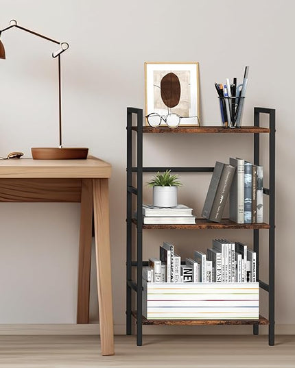 DOMYDEVM Small Bookshelf with Storage Organizer Shelf 3-Tier Wood Book Shelves with Metal Frame for Home Office, Bedroom, Living Room, Rustic Brown Bookshelf - LeafyLoom