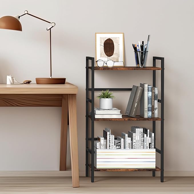 DOMYDEVM Small Bookshelf with Storage Organizer Shelf 3-Tier Wood Book Shelves with Metal Frame for Home Office, Bedroom, Living Room, Rustic Brown Bookshelf - LeafyLoom