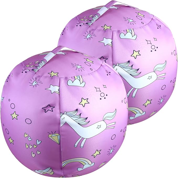 2-Pack Stuffed Animal Storage Bean Bag Chairs Toy Storage Organizer Bean Bags Chair Covers Only for Kids 24" Beanbag with Zipper for Organizing Kid's and Adults Room, Pink White Unicorn - LeafyLoom