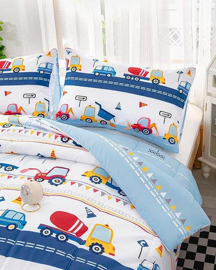 Cartoon Car Kids Comforter Set Full,Construction Bedding Set Equipment Trucks Comforter Excavator Tractor Quilt Set with 1 Comforter 2 Pillowcases for Boys Girls Teens Adults Bedroom Decor(Blue Red) - LeafyLoom