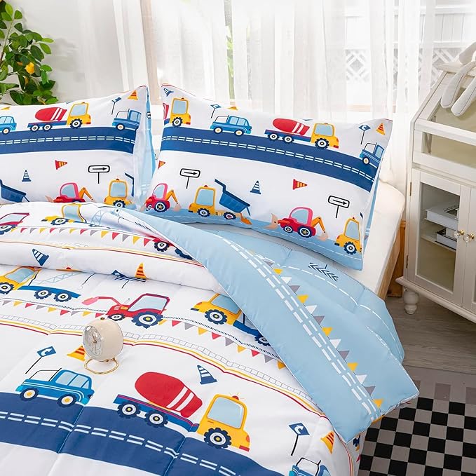 Axolotl Cartoon Cars Comforter Set Queen,Vehicle Bedding Set,Kids Excavator Comforter Set,Construction Bedding Equipment Trucks Comforter Sets for Kids Boys Girls Teens,1 Quilt 2 Pillowcases,Blue Red - LeafyLoom