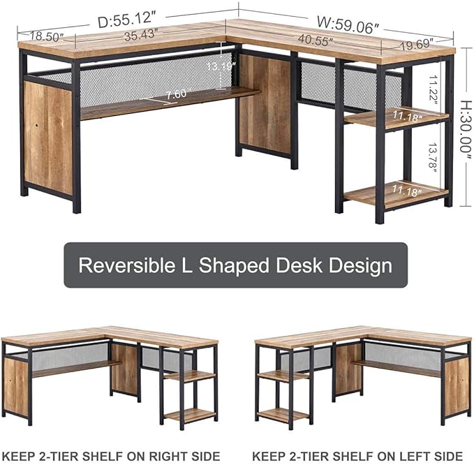 FATORRI L Shaped Computer Desk, Industrial Office Desk with Shelves, Reversible Wood and Metal Corner Desk for Home Office (Rustic Oak, 59 Inch) - LeafyLoom