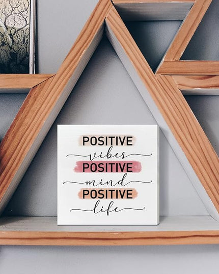 Home Office Desk Wooden Box Sign Decor, Positive Vibes Mind Life, Inspirational Quotes Desk Decor Motivational Desk Decorations for Women Girls Teens Student Office Classroom School - LeafyLoom