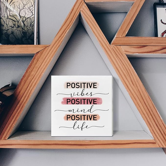 Home Office Desk Wooden Box Sign Decor, Positive Vibes Mind Life, Inspirational Quotes Desk Decor Motivational Desk Decorations for Women Girls Teens Student Office Classroom School - LeafyLoom