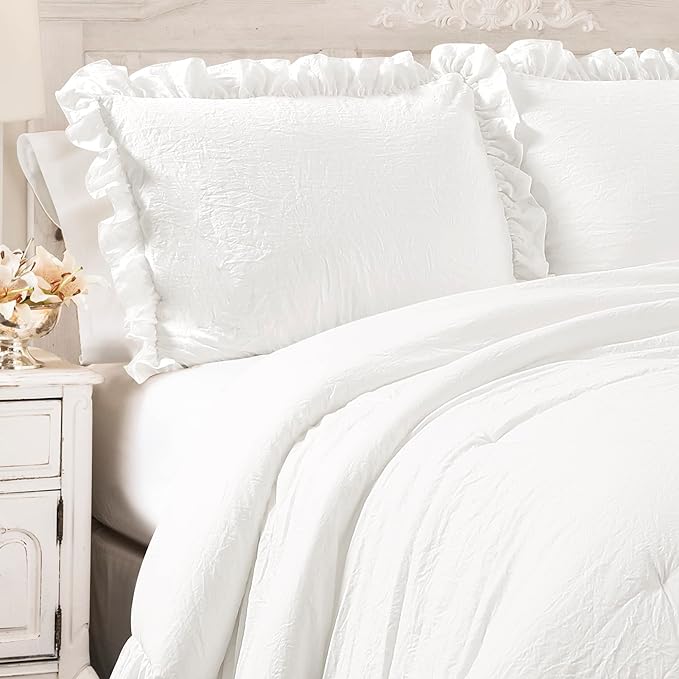 Lush Decor Reyna Ruffle Comforter Set - 3 Piece Cozy Ruffled Bedding Set - Timeless Elegance and Comfort for Bedroom - King, Pure White - LeafyLoom