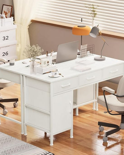 White Desk with Storage Cabinet and 3 Fabric Drawers, 47 Inch Home Office Desk for Writing Study Gaming, Computer Table with Storage Space, Modern Vanity Desk for Bedroom - LeafyLoom