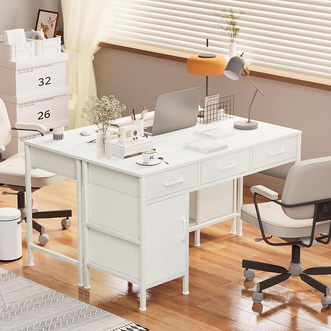 White Desk with Storage Cabinet and 3 Fabric Drawers, 47 Inch Home Office Desk for Writing Study Gaming, Computer Table with Storage Space, Modern Vanity Desk for Bedroom - LeafyLoom