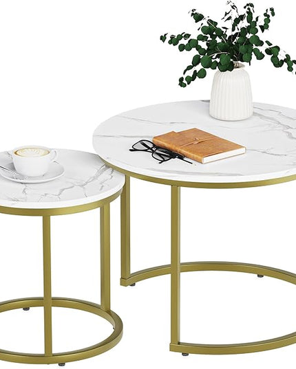 White Nesting Coffee Table Set of 2, 23.6“ Round Coffee Table Wooden Marble Pattern with Adjustable Non-Slip Feet, Industrial End Table for Living Room Bedroom Balcony Gold - LeafyLoom