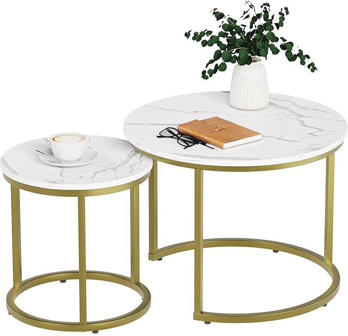White Nesting Coffee Table Set of 2, 23.6“ Round Coffee Table Wooden Marble Pattern with Adjustable Non-Slip Feet, Industrial End Table for Living Room Bedroom Balcony Gold - LeafyLoom