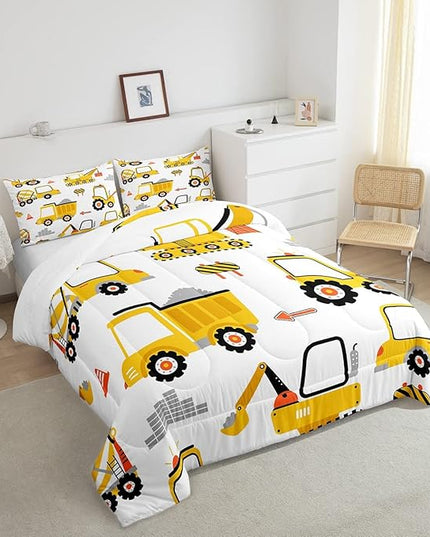 Cartoon Car Comforter Set Kids Construction Comforter for Boys Equipment Trucks Bedding Set Breathable Cartoon Yellow Car Excavator Tractor Duvet Set Room Decor Quilt Set Full Size - LeafyLoom