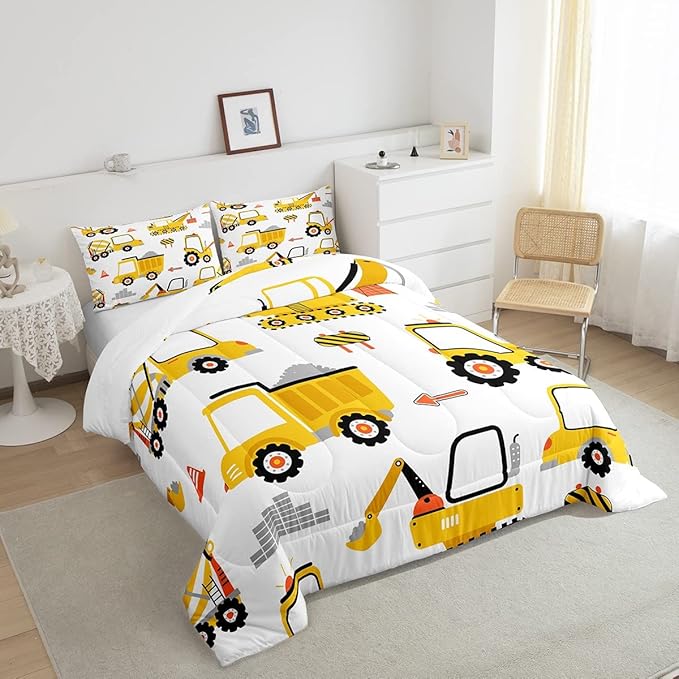 Cartoon Car Comforter Set Kids Construction Comforter for Boys Equipment Trucks Bedding Set Breathable Cartoon Yellow Car Excavator Tractor Duvet Set Room Decor Quilt Set Full Size - LeafyLoom