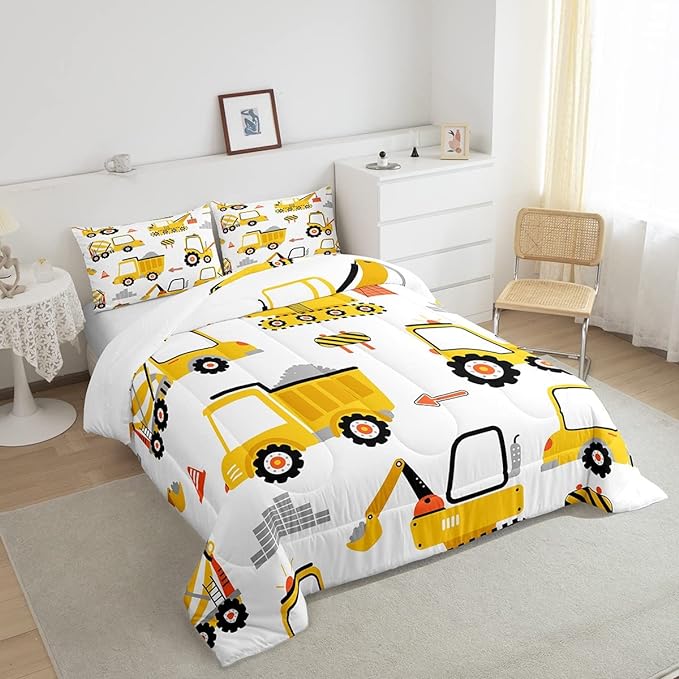 Feelyou Cartoon Car Comforter Set Kids Construction Comforter for Boys Equipment Trucks Bedding Set Breathable Cartoon Yellow Car Excavator Tractor Duvet Set Room Decor Quilt Set Twin Size - LeafyLoom