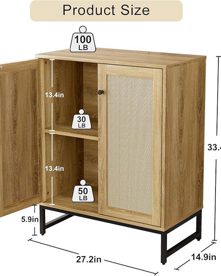 Sideboard Buffet Cabinet, Storage Cabinet with Double Rattan Doors, Modern Rattan Sideboard Cabinet, Kitchen Storage Cabinet with Metal Feet, for Entryway, Bedroom, Living Room (Natural Wood) - LeafyLoom