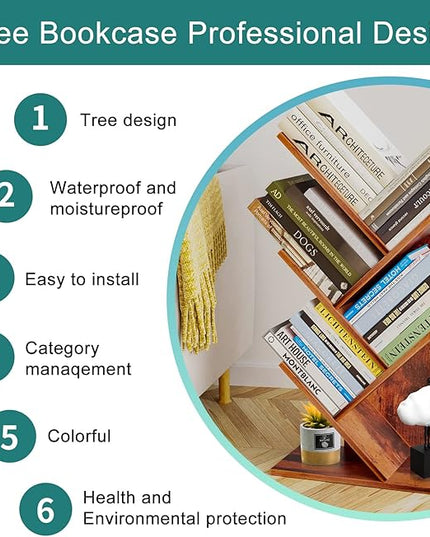Tree Bookshelf, 5 -Tier Book Storage Organizer Shelves Floor Standing Bookcase, Wood Storage Rack for Office Home School Shelf Display for Cd/Magazine (Rustic Brown) - LeafyLoom