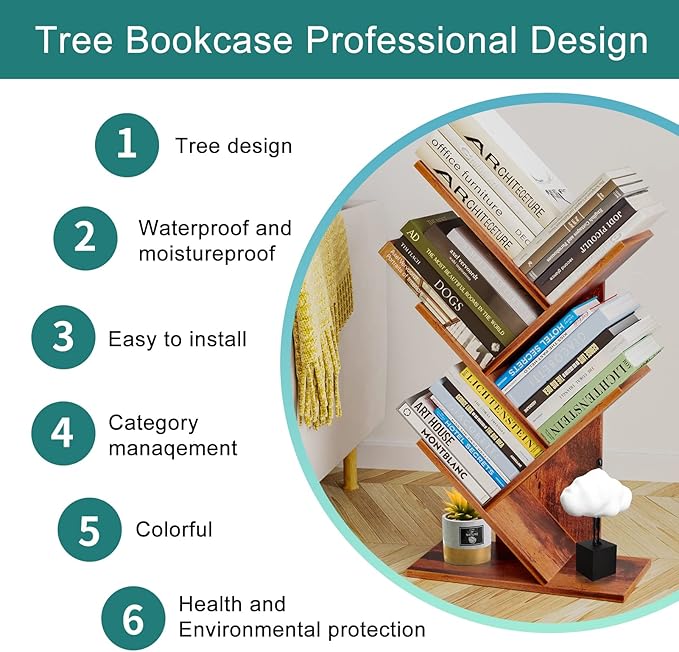 Tree Bookshelf, 5 -Tier Book Storage Organizer Shelves Floor Standing Bookcase, Wood Storage Rack for Office Home School Shelf Display for Cd/Magazine (Rustic Brown) - LeafyLoom