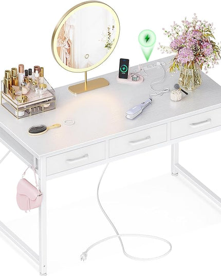 AODK Vanity Desk without Mirror, Makeup Vanity with 3 Fabric Drawers, White Vanity Desk Dressing Vanity Table with Charging Station, 48 Inch Large Girl Vanity, Desk Make Up Vanity for Girls, White - LeafyLoom