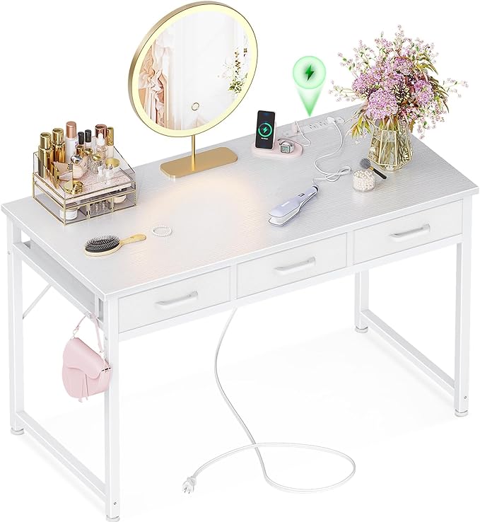 AODK Vanity Desk without Mirror, Makeup Vanity with 3 Fabric Drawers, White Vanity Desk Dressing Vanity Table with Charging Station, 48 Inch Large Girl Vanity, Desk Make Up Vanity for Girls, White - LeafyLoom