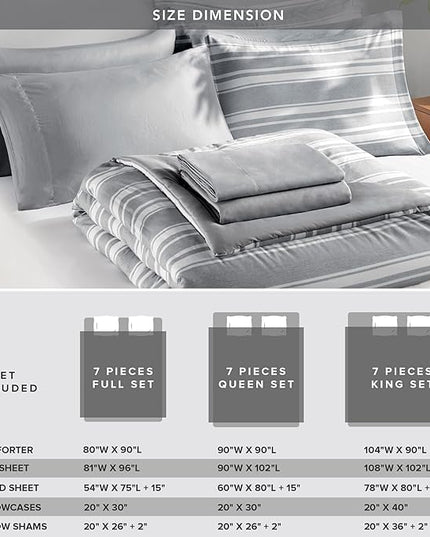 King Size Bed in a Bag, Full Bedding Sets, Modern Farmhouse Grey and White Striped Comforter with Sheets, 7-Piece Complete Bedroom Set - LeafyLoom