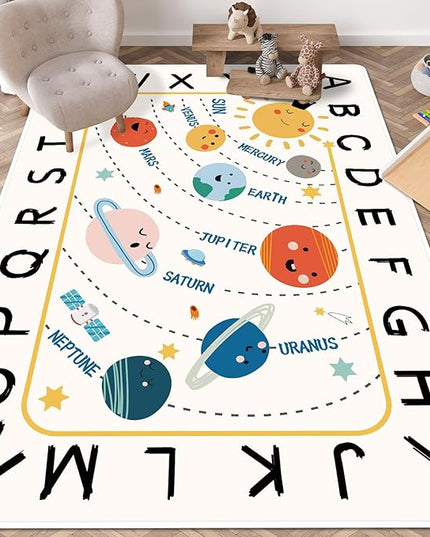 Soft ABC Kids Rug,59x78 in Washable Large Classroom Rug,Non-Slip Educational Nursery Rug,Solar System Kids Room Rug for Classroom Playroom Bedroom Kids Room Decor - LeafyLoom