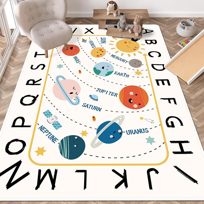 Soft ABC Kids Rug,59x78 in Washable Large Classroom Rug,Non-Slip Educational Nursery Rug,Solar System Kids Room Rug for Classroom Playroom Bedroom Kids Room Decor - LeafyLoom