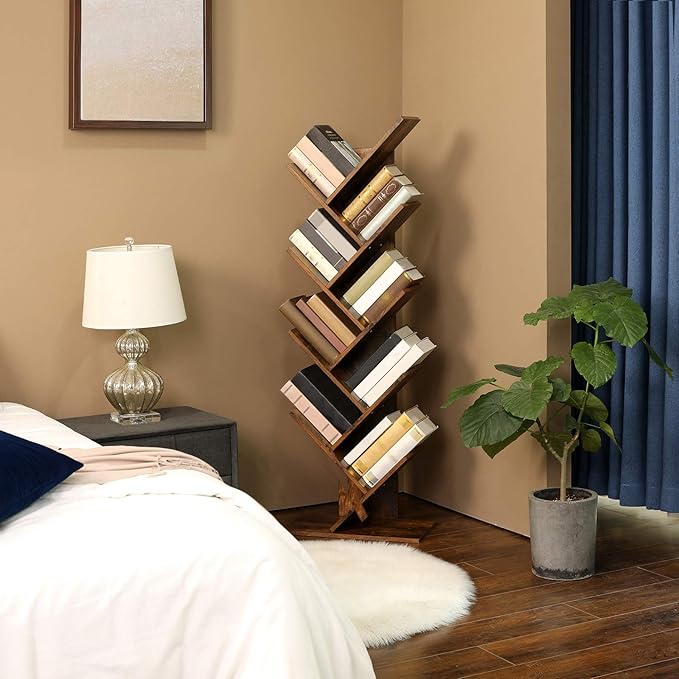VASAGLE Tree Bookshelf, 9-Tier Bookcase, Large Bookshelf, Space-Saving Corner Shelf, Book Tree, Holds Books, CDs, Games, for Bedroom, Living Room, Home Office, Rustic Brown ULBC11BX - LeafyLoom