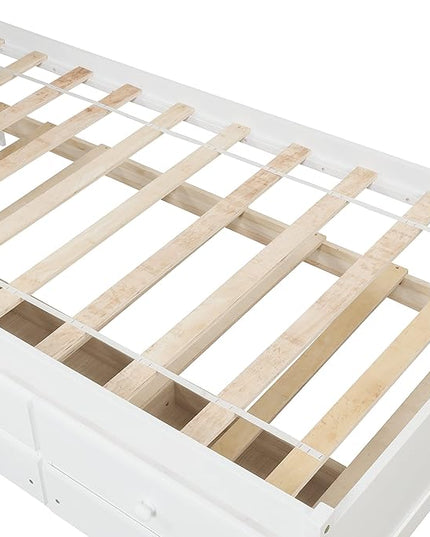 Platform Bed Twin Size with Bookcase Headboard, Trundle and 3 Drawers, Wooden Storage Bedframe for Kids Teens Adults Bedroom - LeafyLoom
