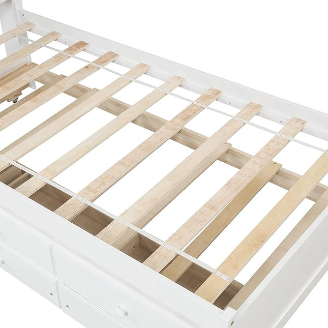 Platform Bed Twin Size with Bookcase Headboard, Trundle and 3 Drawers, Wooden Storage Bedframe for Kids Teens Adults Bedroom - LeafyLoom