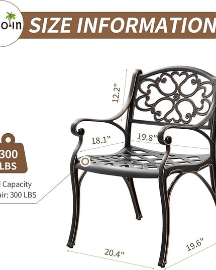 Cast Aluminum Patio Dining Set, Outdoor Bistro Set, 31.5"" Round Patio Table with Umbrella Hole, 2 Patio Chairs for Yard Porch Garden Balcony, Bronze 4 - LeafyLoom