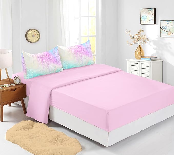 Full Size Comforter Sets for Girls 7PCS,Pink Bedding Sets,Bed Sets for Girls with Flat Sheet and Fitted Sheet,Pillowcases,Cushions,Tie Dye Comforter Sets - LeafyLoom