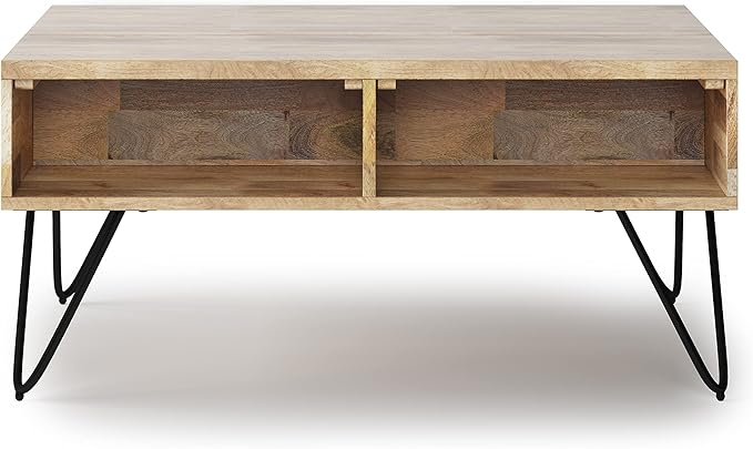SIMPLIHOME Hunter SOLID MANGO WOOD and Metal 36 inch Wide Rectangle Industrial Contemporary Small Lift Top Coffee Table in Natural, for the Living Room and Family Room - LeafyLoom