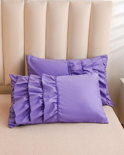 A Nice Night Waterfall Flutter Ruffle 3PCS Comforter Set,Chic Ruffled Textured Princess Bedding Set,Purple,Twin - LeafyLoom