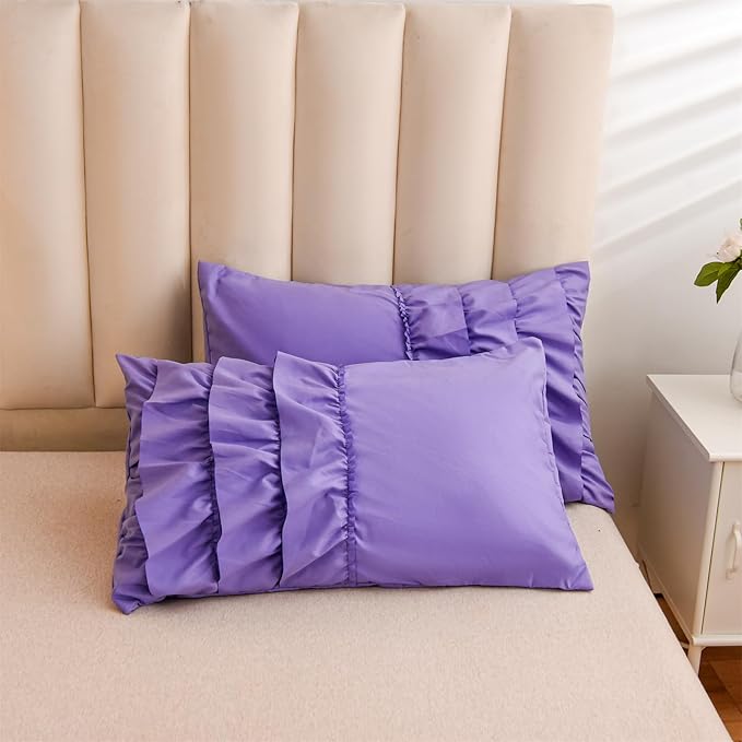 A Nice Night Waterfall Flutter Ruffle 3PCS Comforter Set,Chic Ruffled Textured Princess Bedding Set,Purple,Twin - LeafyLoom