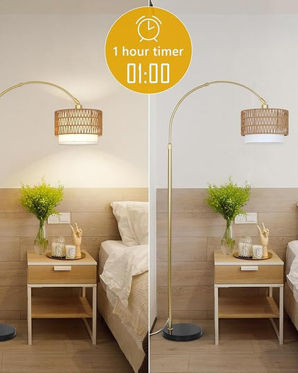 Arc Floor Lamp for bedroom with Rattan & Linen Shades, Gold Floor Lamp with Remote & Dimming Bulb, Rustic Standing Lamp with 3 Color Temperatures, Adjustable Height Farmhouse Tall Lamp for Living Room - LeafyLoom