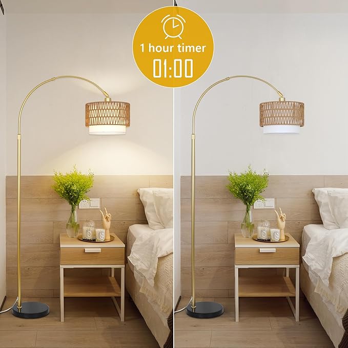 Arc Floor Lamp for bedroom with Rattan & Linen Shades, Gold Floor Lamp with Remote & Dimming Bulb, Rustic Standing Lamp with 3 Color Temperatures, Adjustable Height Farmhouse Tall Lamp for Living Room - LeafyLoom