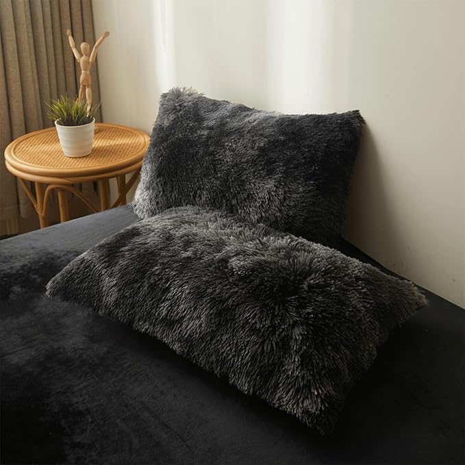 Tie dye Black Plush Fluffy Comforter Cover Set Queen - Ultra Soft Faux Fur tie dye Bedding Sets 3 Pieces (1 Shaggy Duvet Cover + 2 Pillow case) Black Fluffy Bed Set (Tie Dye Black, Queen) - LeafyLoom