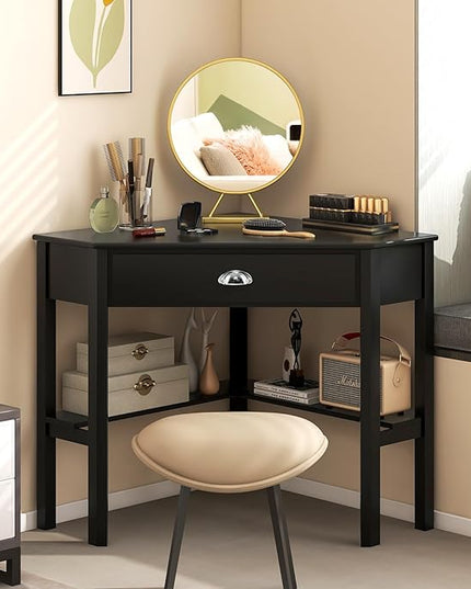 Nightcore Small, Wood Computer Desk, Compact Writing w/Drawer & Storage Shelves, Space Saving Study Workstation, Laptop PC Corner Table, Coffee - LeafyLoom