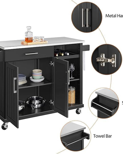Yaheetech Kitchen Island with Stainless Steel Top and Storage Cabinet, Kitchen Cart on Wheels with Drawer & Open Shelves & Wine Rack & Spice Rack, 18" D x 51" W x 36" H, Black - LeafyLoom