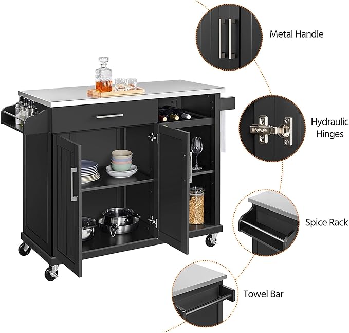Yaheetech Kitchen Island with Stainless Steel Top and Storage Cabinet, Kitchen Cart on Wheels with Drawer & Open Shelves & Wine Rack & Spice Rack, 18" D x 51" W x 36" H, Black - LeafyLoom