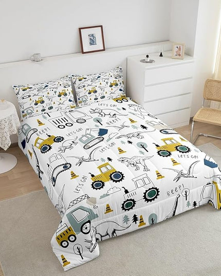 Construction Comforter Set Full Size Kids Cartoon Car Excavator Tractor Toddler Comforter Equipment Trucks Dinosaur Comforter Set Construction Vehicles White Yellow Duvet Set Quilt Set - LeafyLoom