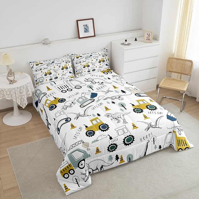 Construction Comforter Set Full Size Kids Cartoon Car Excavator Tractor Toddler Comforter Equipment Trucks Dinosaur Comforter Set Construction Vehicles White Yellow Duvet Set Quilt Set - LeafyLoom