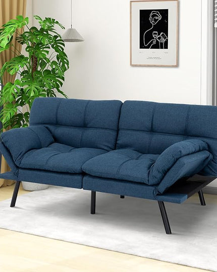MUUEGM Futon Sofa Bed,Memory Foam Sofa Futon Couch Bed,Convertible 71" Couch Sofa,Faux Leather Sleeper Sofa with Adjustable Backrest for Living Room,Blue - LeafyLoom