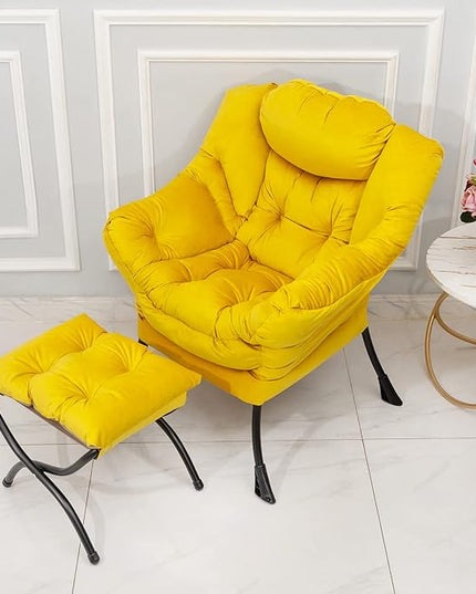 Welnow Lazy Chair with Ottoman, Modern Lounge Accent Chair with Armrests and a Side Pocket, Leisure Sofa Chair Set, Reading Chair with Footrest for Small Space, Corner Chair, Yellow - LeafyLoom